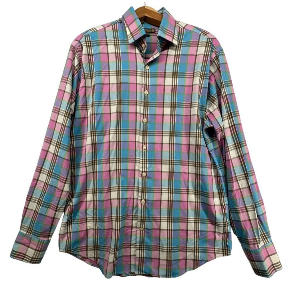 Peter Millar Mens Button Shirt L Summer Comfort Pink/Blue Plaid Preppy BizCasual